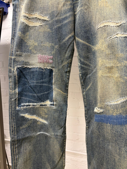 Neighborhood Selvedge ‘DP’ Wide Leg Repaired Washed Blue Denim