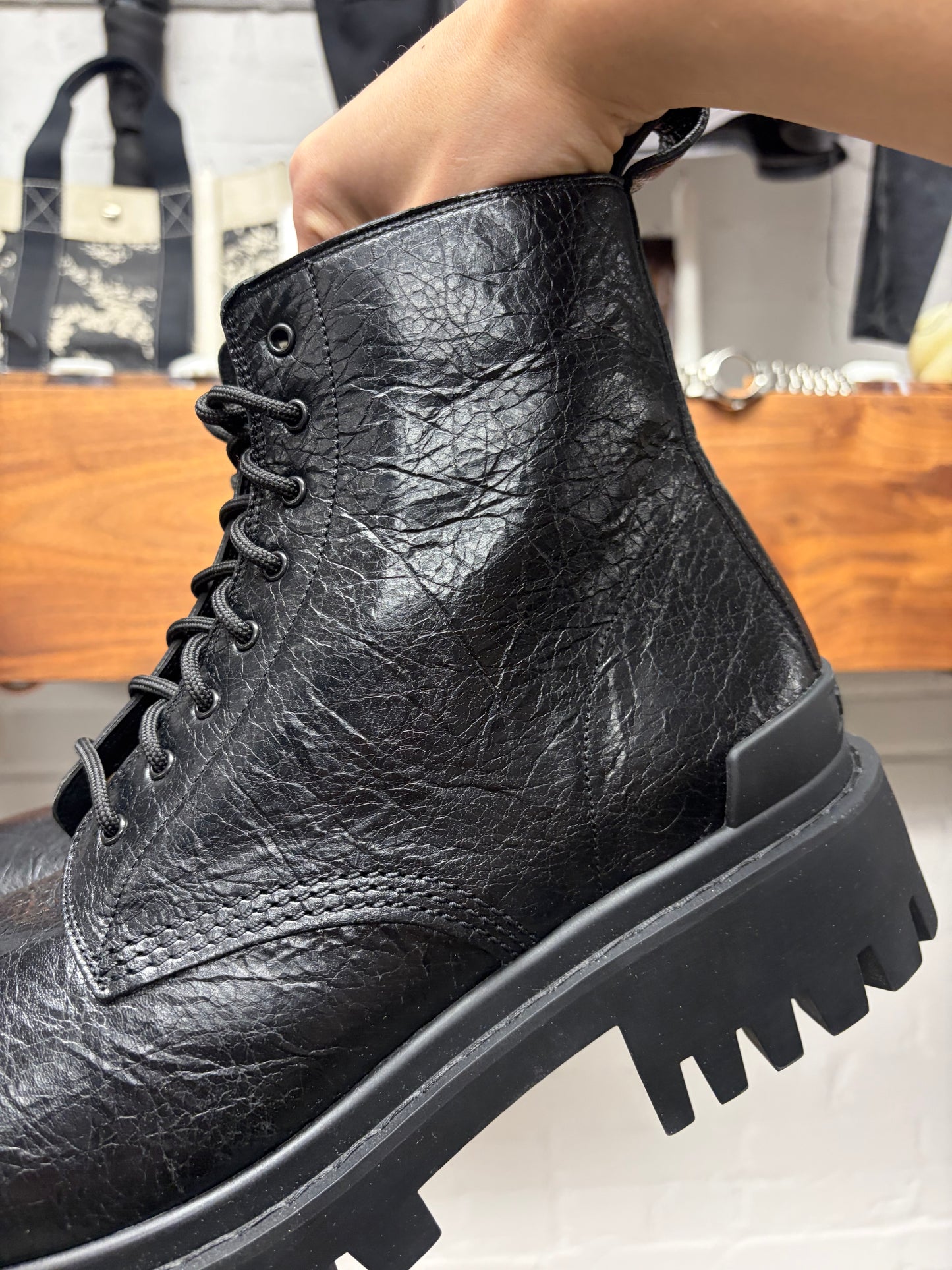 Balenciaga ‘Strike’ Grained Black Leather Combat Boots