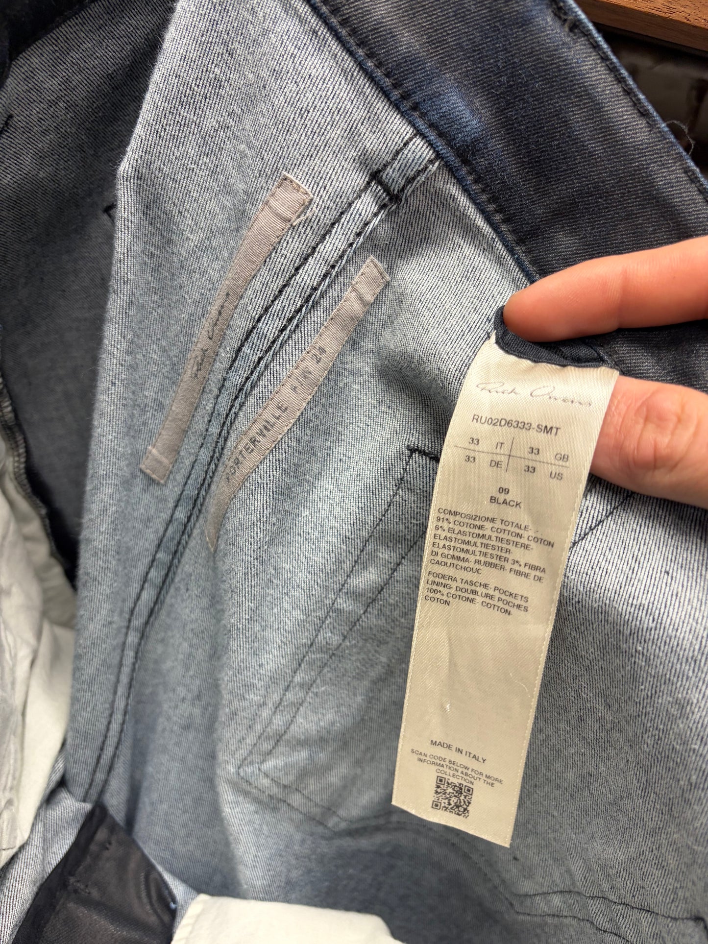 Rick Owens Overdyed Blue/Black Waxed ‘Geth Cut’ Wide Leg Denim