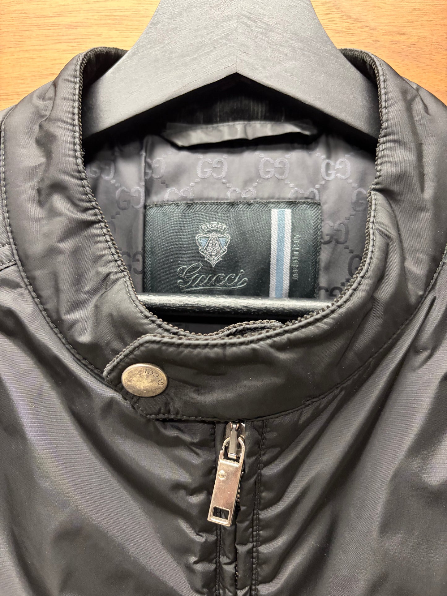 Mid 2000s Gucci by Frida Giannini GG Monogram Lined Black Nylon Moto-Jacket