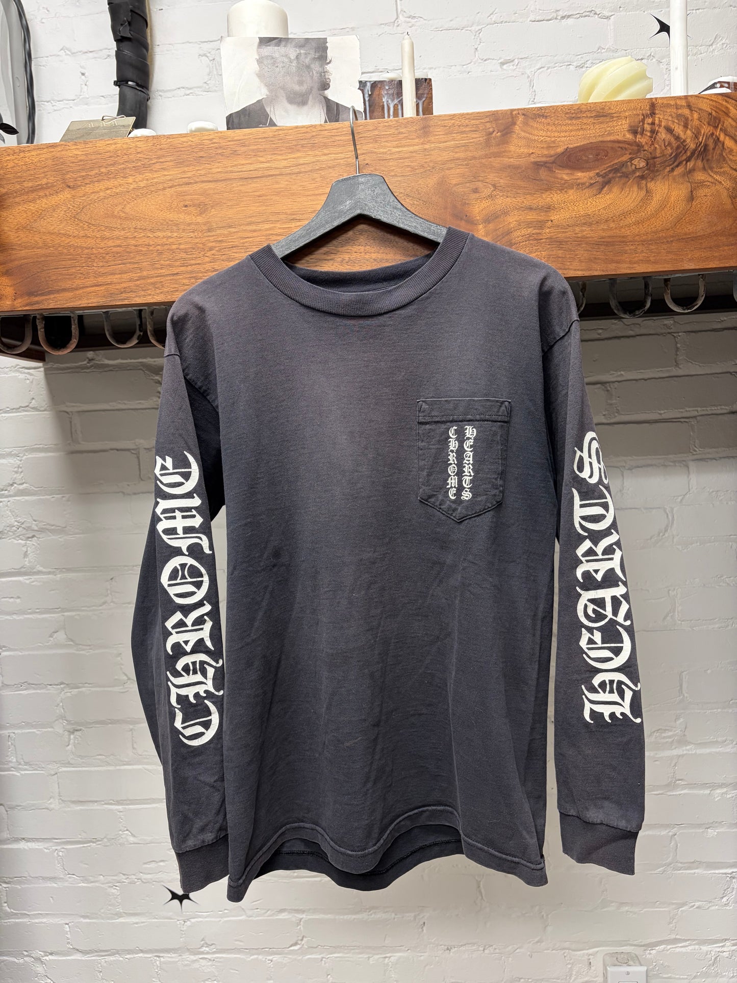 Vintage 90s Chrome Hearts Sun Faded Black ‘Script Logo’ Long Sleeve Shirt