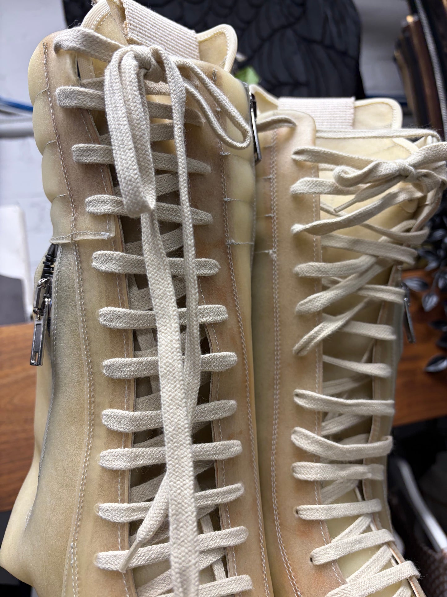 SS2023 Rick Owens ‘Edfu’ Translucent Apparition Leather ‘Cargobasket’ High Top Sneakers