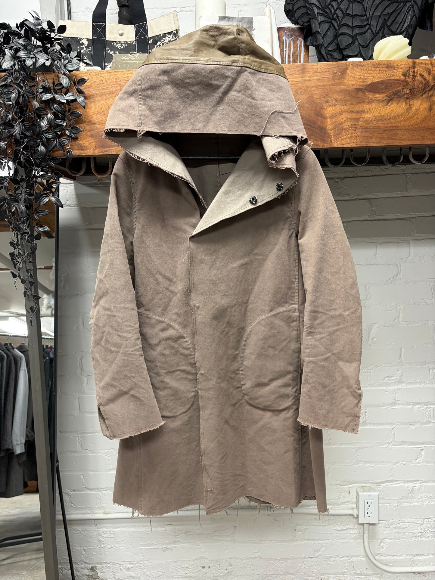 Backlash by Itsamu Katayama Leather Detailed Raw Hem Fishtail Parka