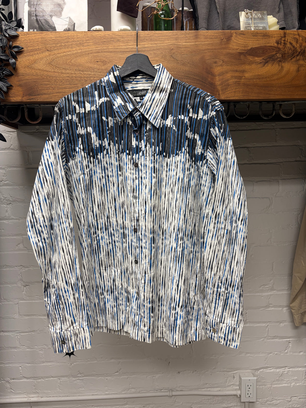 Vintage Jean Paul Gaultier Homme ‘Objet’ Paint Splatter Blue/White Button Up Shirt
