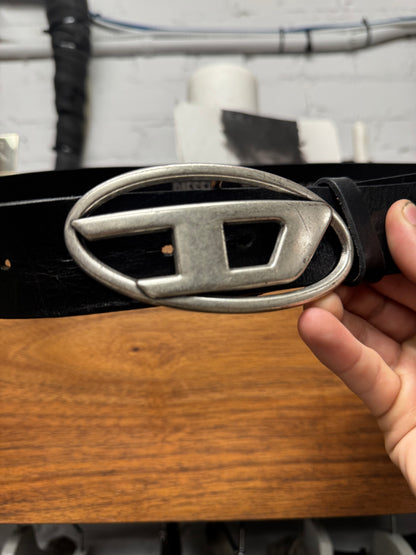 Diesel Silver ‘Logo Buckle’ Black Leather Belt