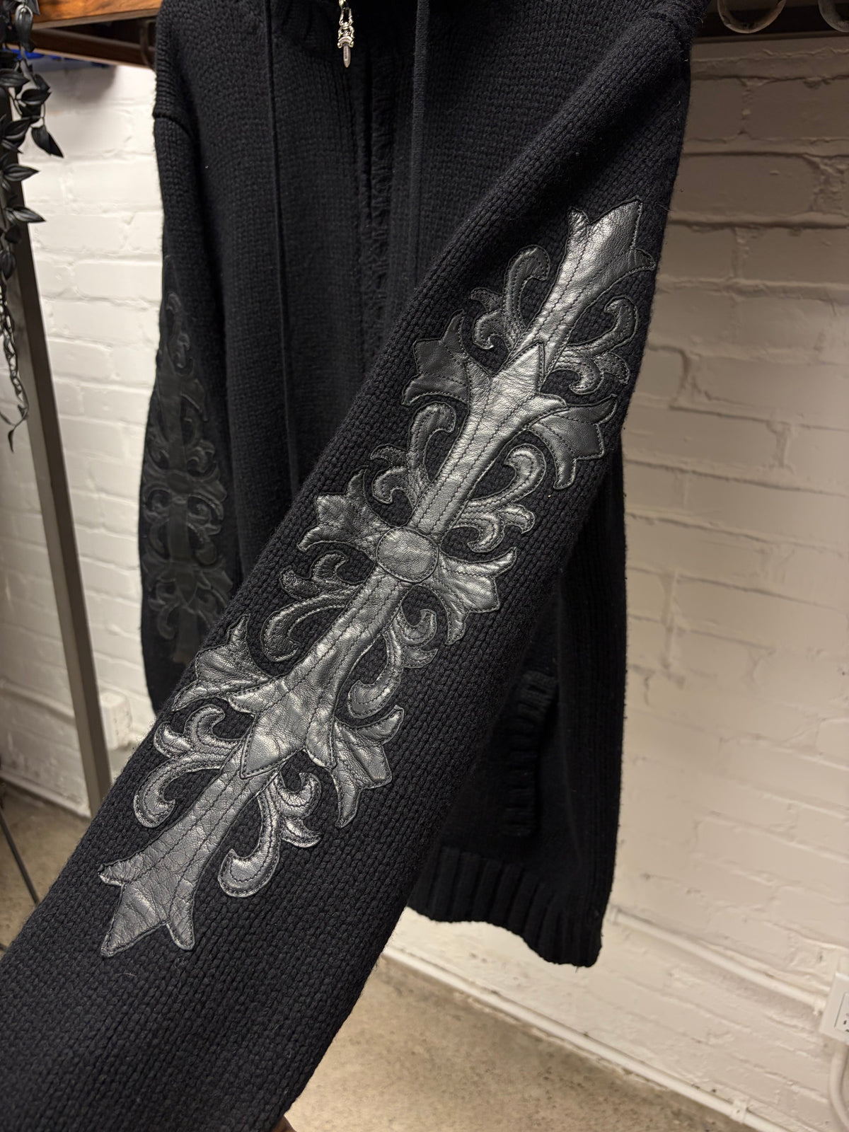 Chrome Hearts Custom Order Cashmere/Leather Cross Patch .925 Silver Zip-Up Knit Hooded Sweater