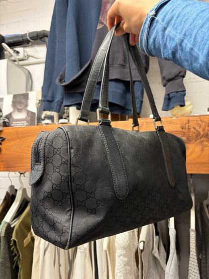 2000s Gucci ‘Guccisima’ Black Canvas Monogram Shoulder Bag with Pink Horsebit Interior