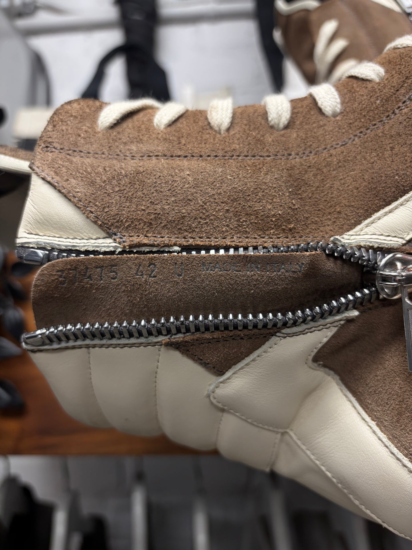 Rick Owens Dust/Milk Classic Leather Geobasket High Top Sneakers
