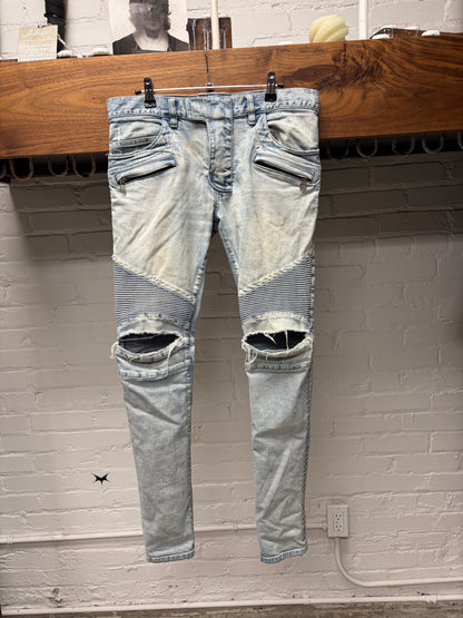 Balmain Light Wash Blue ‘Distressed Knee’ Biker Denim