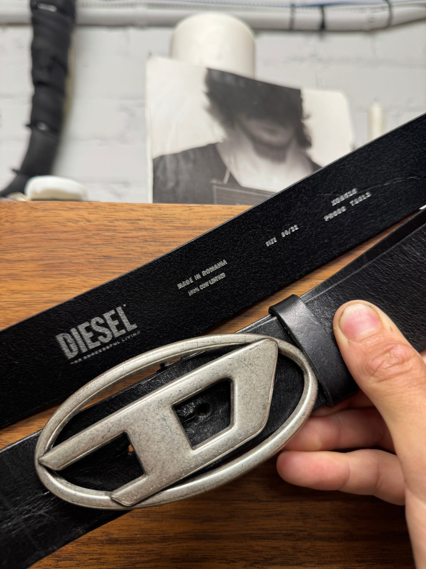 Diesel Silver ‘Logo Buckle’ Black Leather Belt