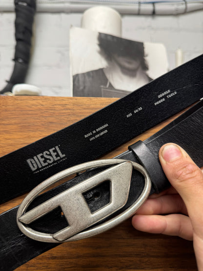 Diesel Silver ‘Logo Buckle’ Black Leather Belt