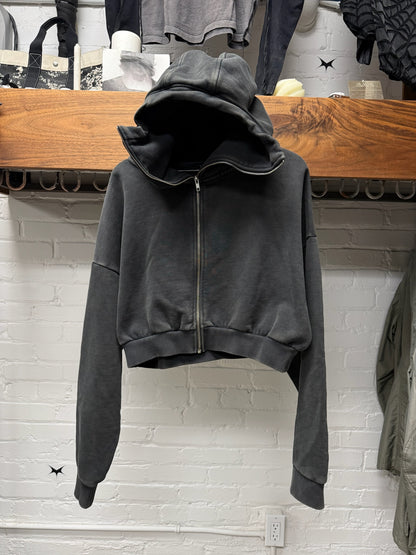 Entire Studios Cropped ‘Full-Zip’ Washed Grey Heavy Cotton Hoodie