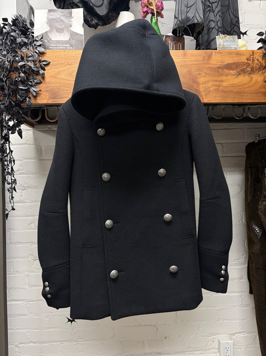 AW2012 Balmain Double Breasted Wool Hooded Coat with Ornate Silver Buttons