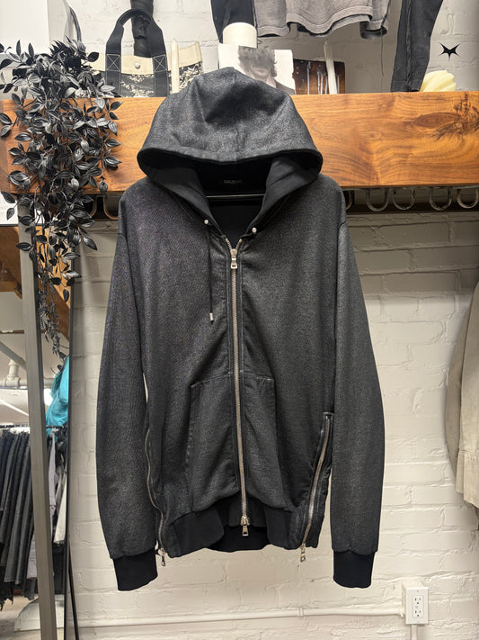 2010s Balmain Glitter Effect Grey Side-Zip Logo Hoodie