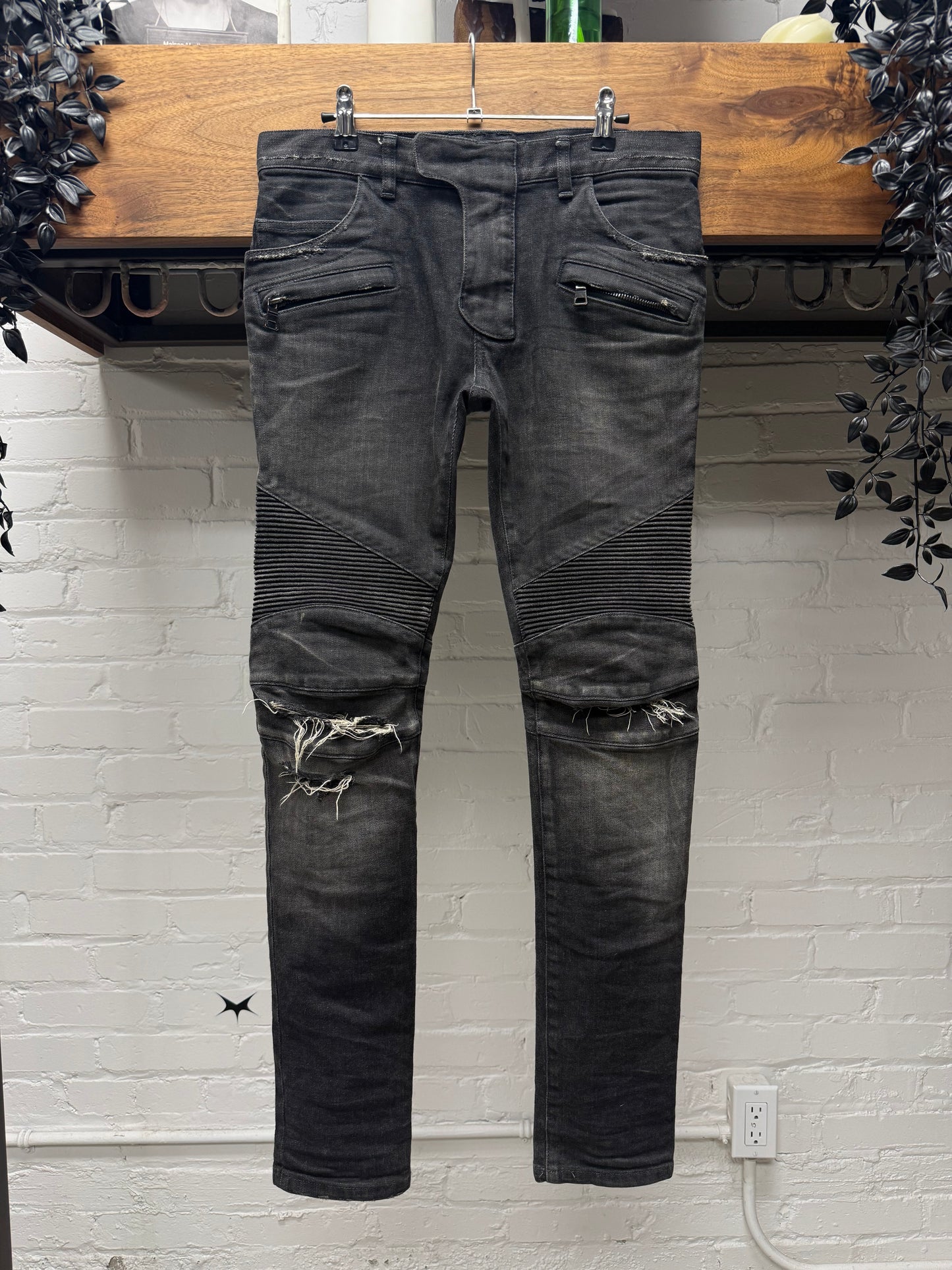 Balmain Black Distressed Black Biker Knee Moto Skinny Jeans