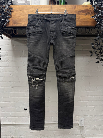 Balmain Black Distressed Black Biker Knee Moto Skinny Jeans