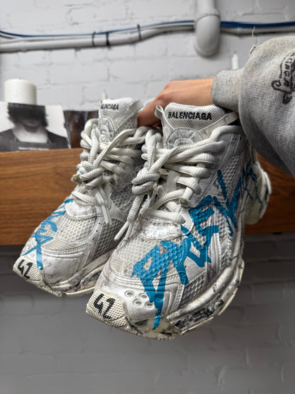 Balenciaga Graffiti ‘Runner’ White/Blue Low Top Sneakers