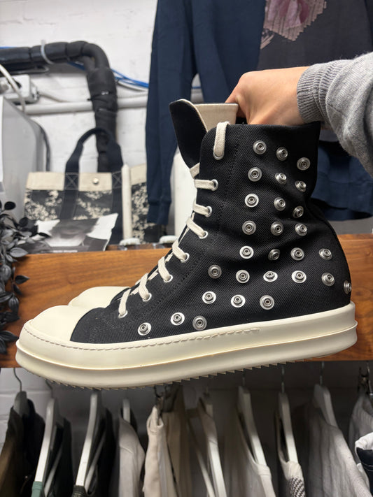 Rick Owens ‘Ramones’ Studded Eyelet Black Canvas High Top Sneakers