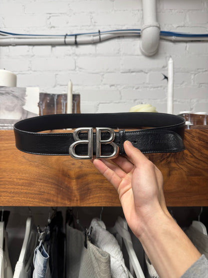 Balenciaga Silver ‘BB Interlock Logo’ Black Leather Belt