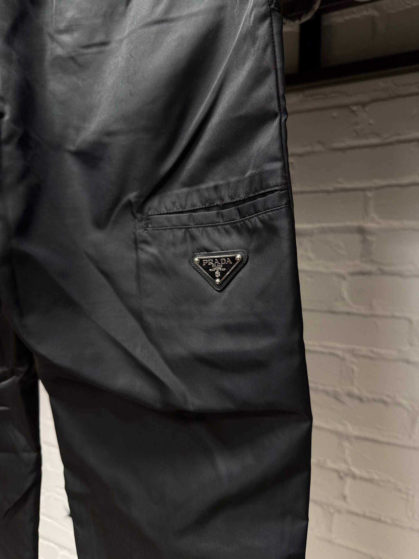 Prada Black Nylon ‘Saffiano Logo’ Straight Cut Pants