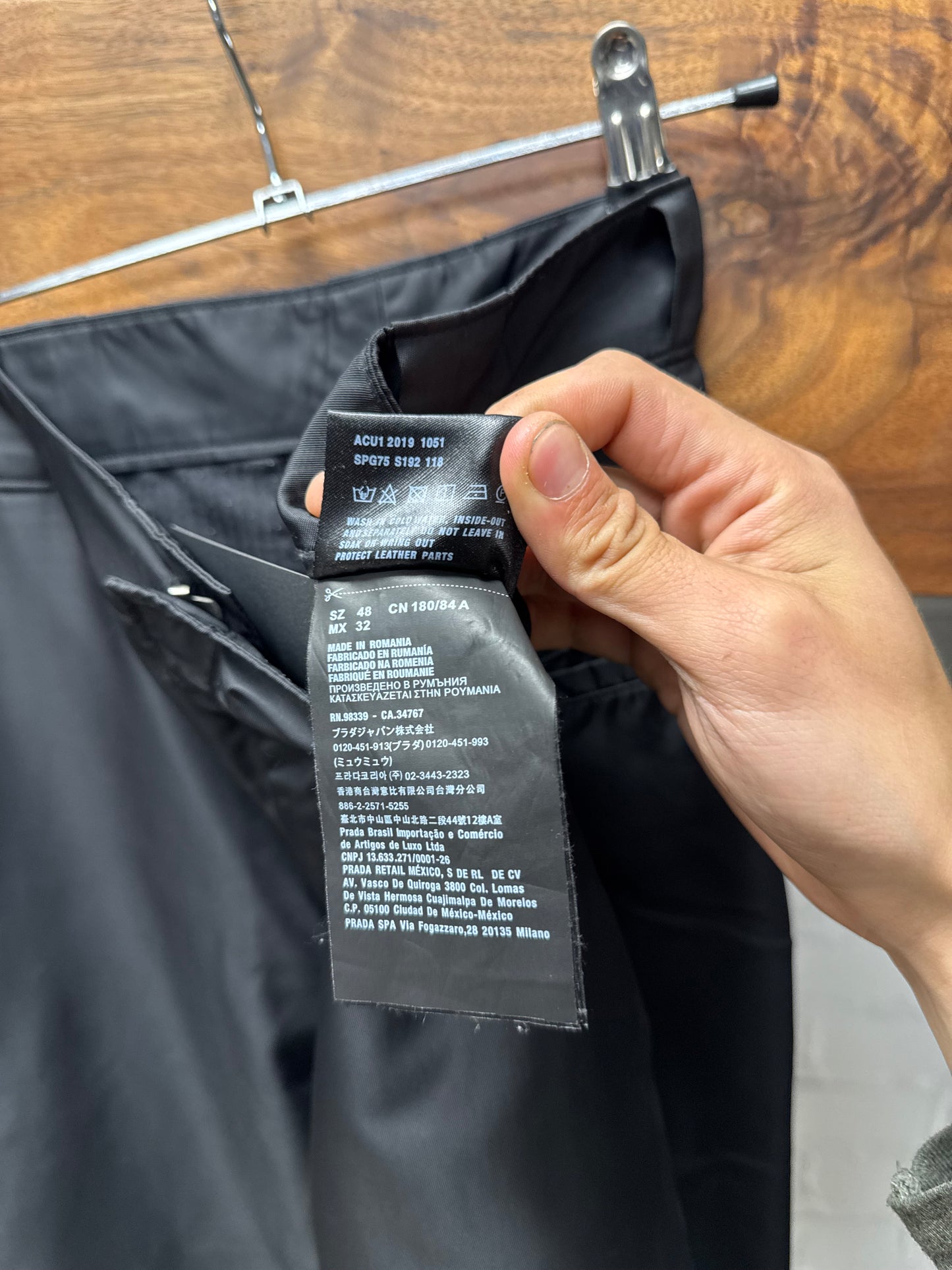 Prada Black Nylon ‘Saffiano Logo’ Straight Cut Pants