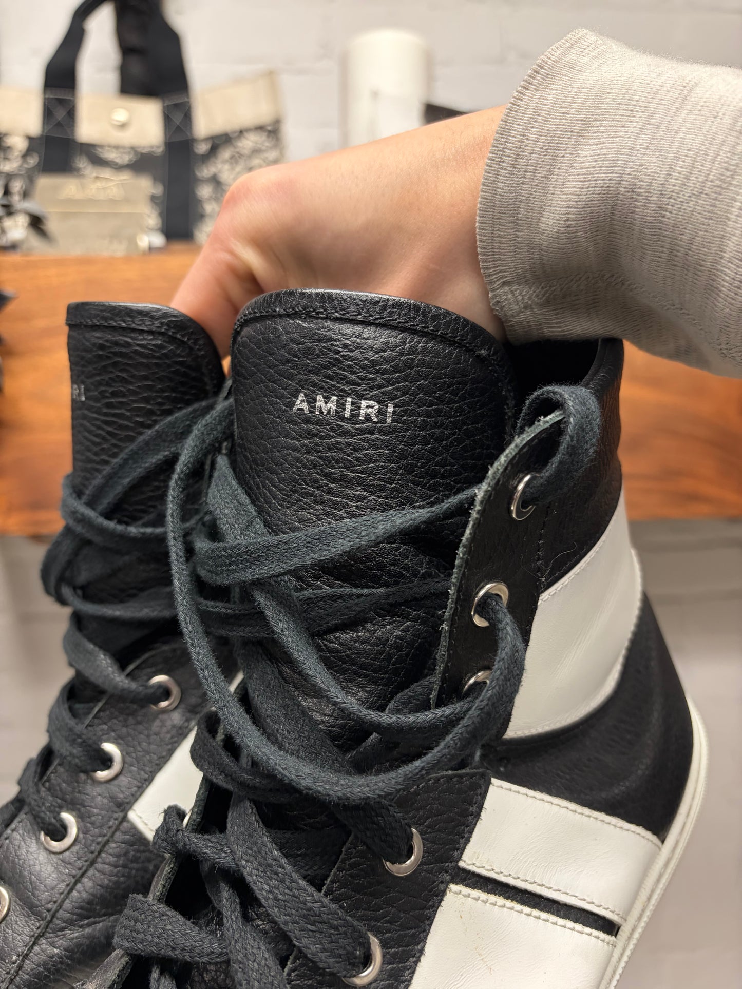 Amiri ‘Sunset’ Black/White Leather Court High Top Sneakers