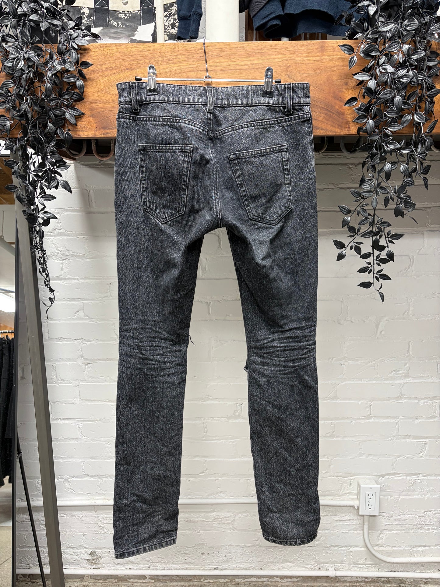 Saint Laurent ‘D02’ Distressed Knee Washed Grey Skinny Jeans