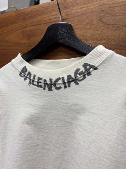 2020 Balenciaga ‘Stencil’ Collar Logo Oversized Raw Hem Long Sleeve Shirt
