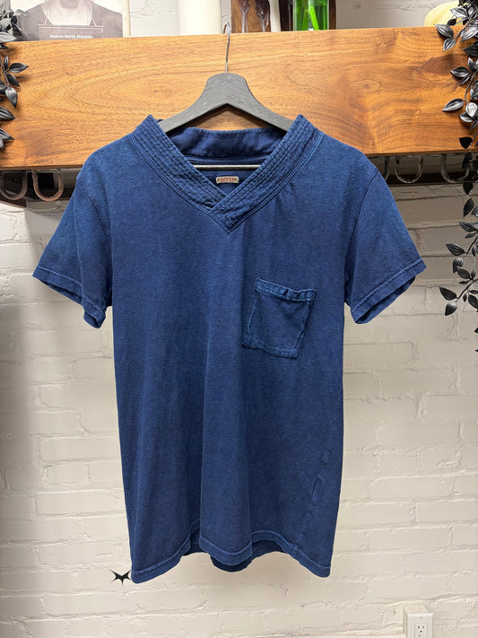 Kapital ‘Sashiko’ V-Neck Raw Indigo Blue Cotton T-Shirt