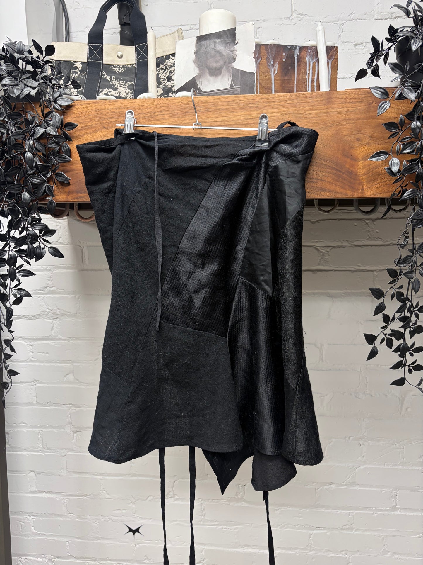 Ann Demeulemeester Mixed Fabrics Panelled Black Midi ‘Wrap’ Tie Up Skirt