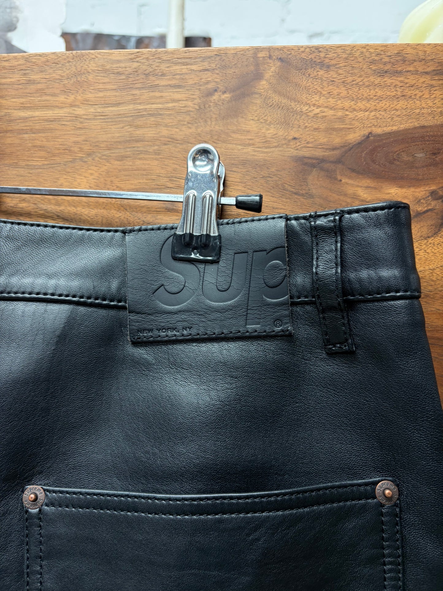 AW2023 Supreme Black Leather Double Knee Carpenter Pants