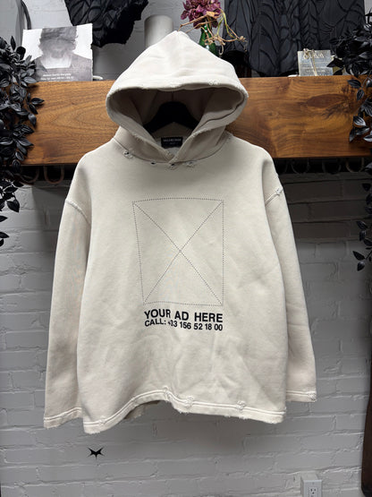 2021 Balenciaga ‘Your Ad Here’ Distressed Cream Cotton Pullover Graphic Hoodie