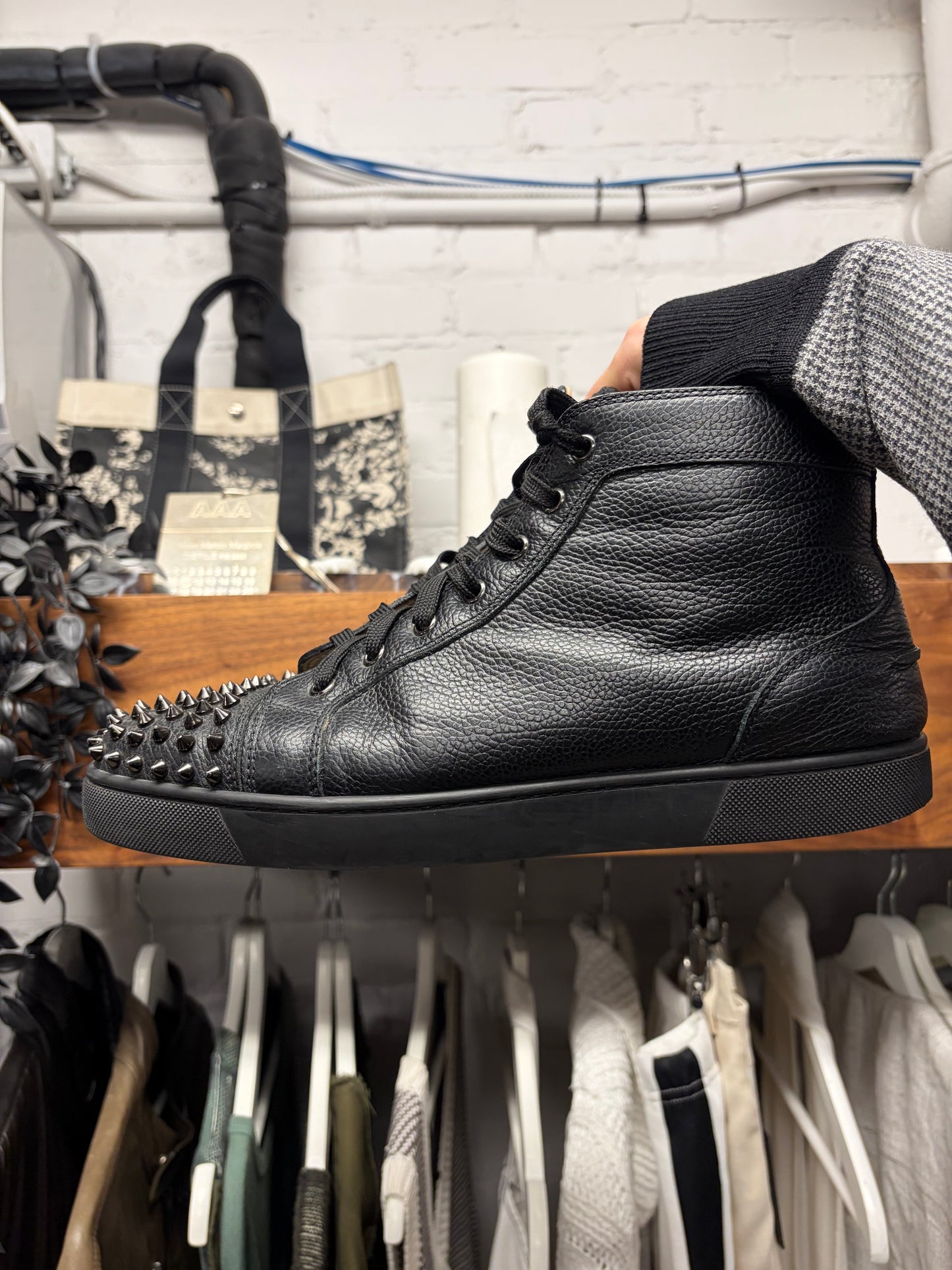 Christian Louboutin ‘Junior Spikes’ Black Leather High Top Sneakers