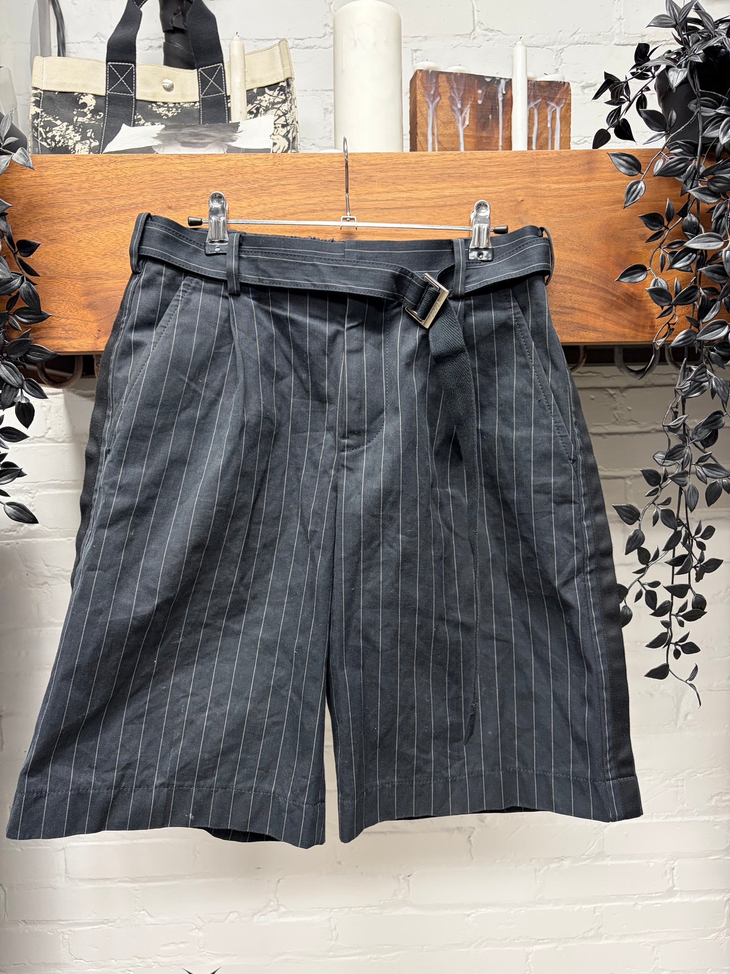 Sacai Belted Grey Pinstripe Pleated Shorts