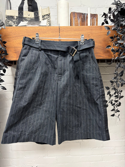 Sacai Belted Grey Pinstripe Pleated Shorts