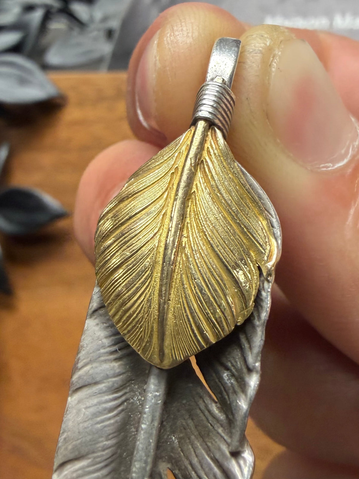 Goros 22k Gold/ .925 Silver ‘Left Leaning’ Feather Pendant