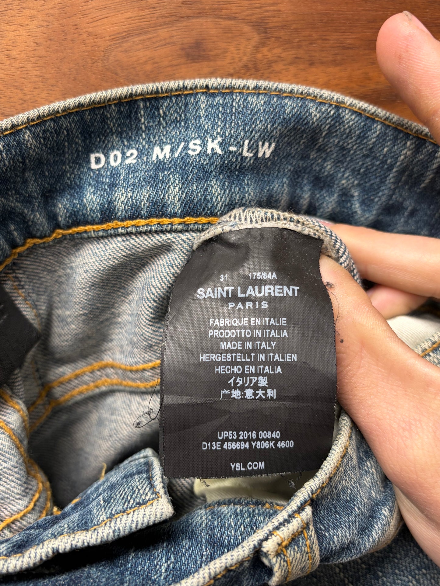 SS2016 Saint Laurent Studded Leather Biker ‘D02’ Washed Blue Skinny Jeans