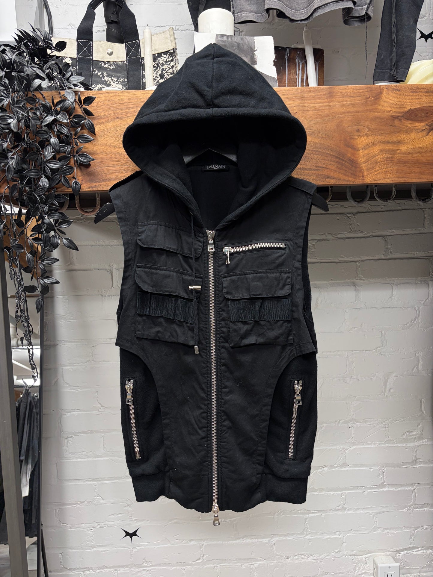 Balmain by Christophe Decarnin Tactical Zip-Up Sleeveless Hoodie