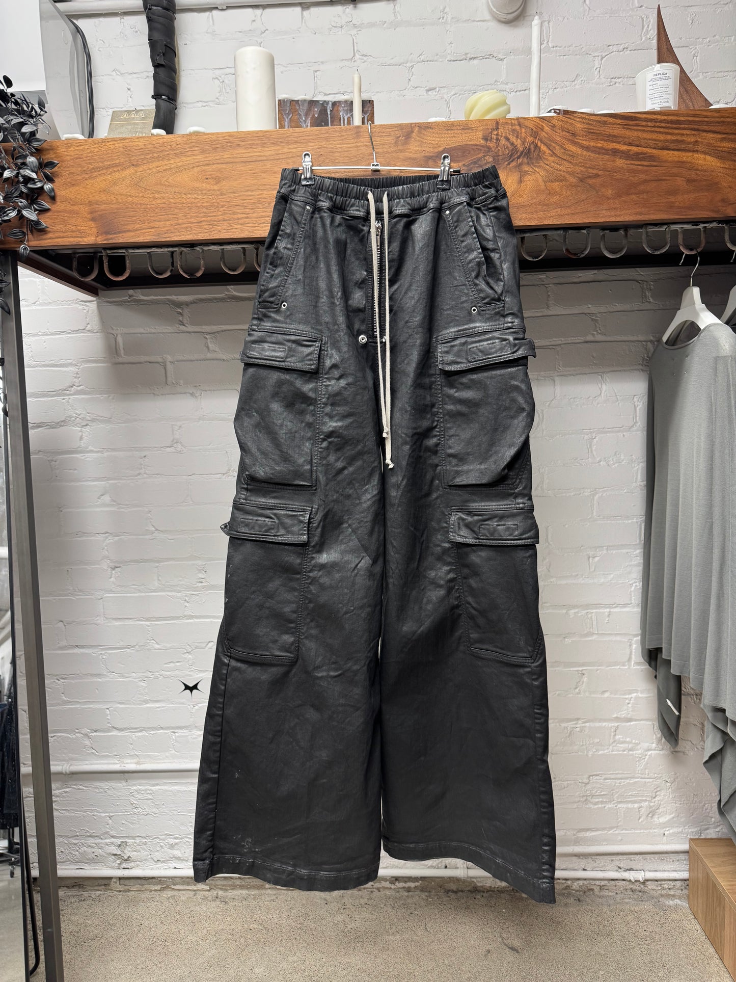 Rick Owens DRKSHDW Waxed Black ‘Cargo Bela’ Wide Leg Pants