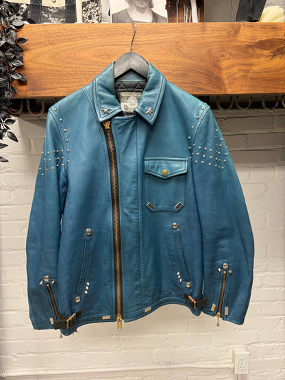 Blackmeans Studded Blue Calfskin Leather Biker Jacket