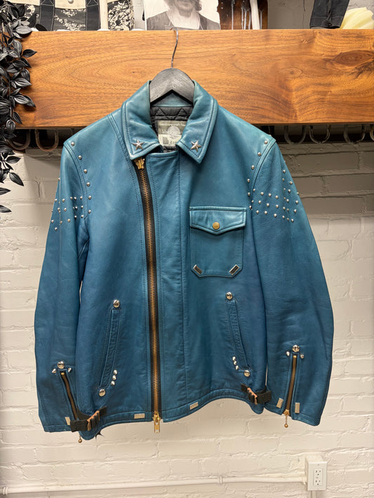 Blackmeans Studded Blue Calfskin Leather Biker Jacket