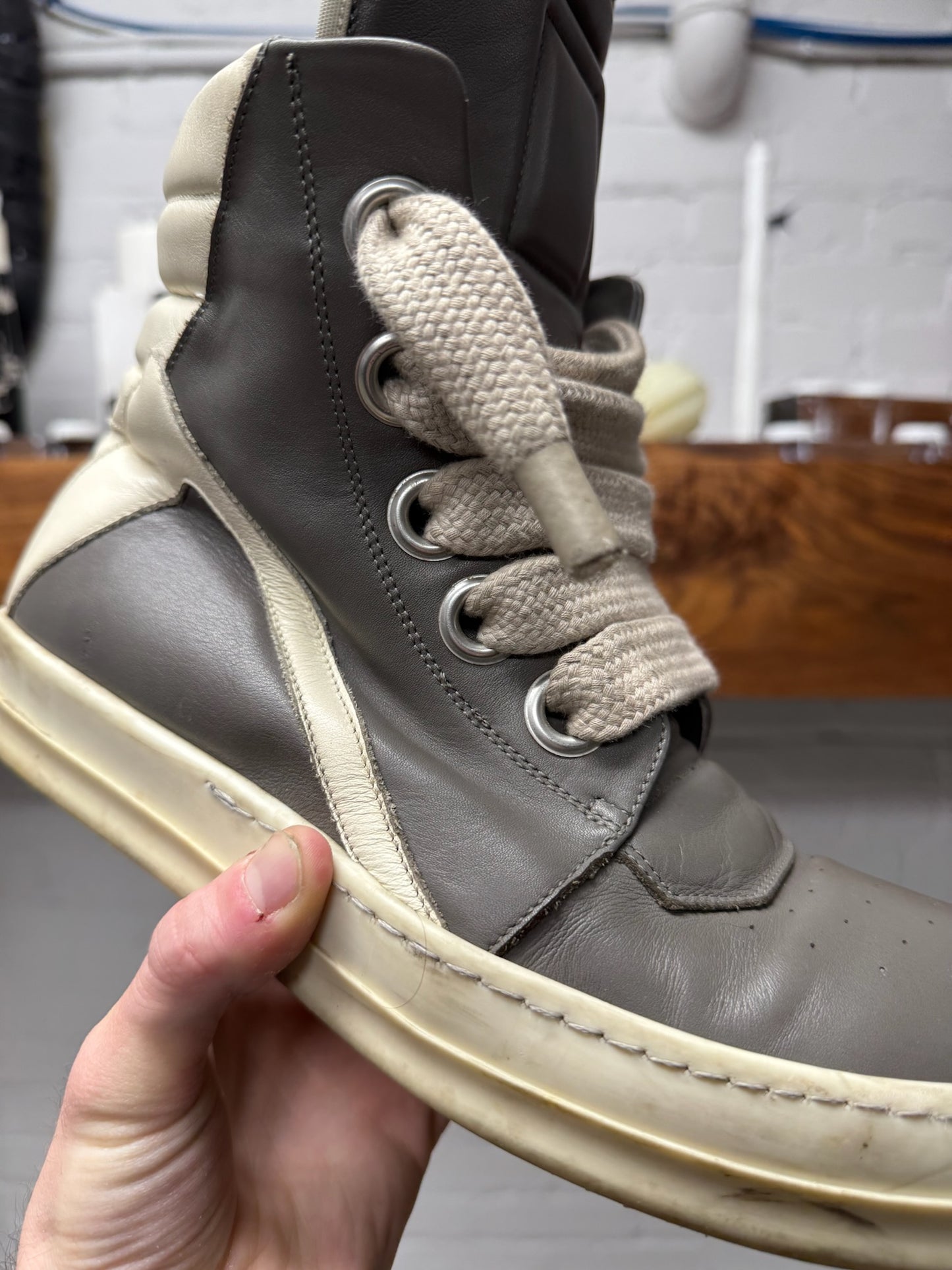 Rick Owens ‘Jumbo Lace’ Grey Leather ‘Geobasket’ High Top Sneakers