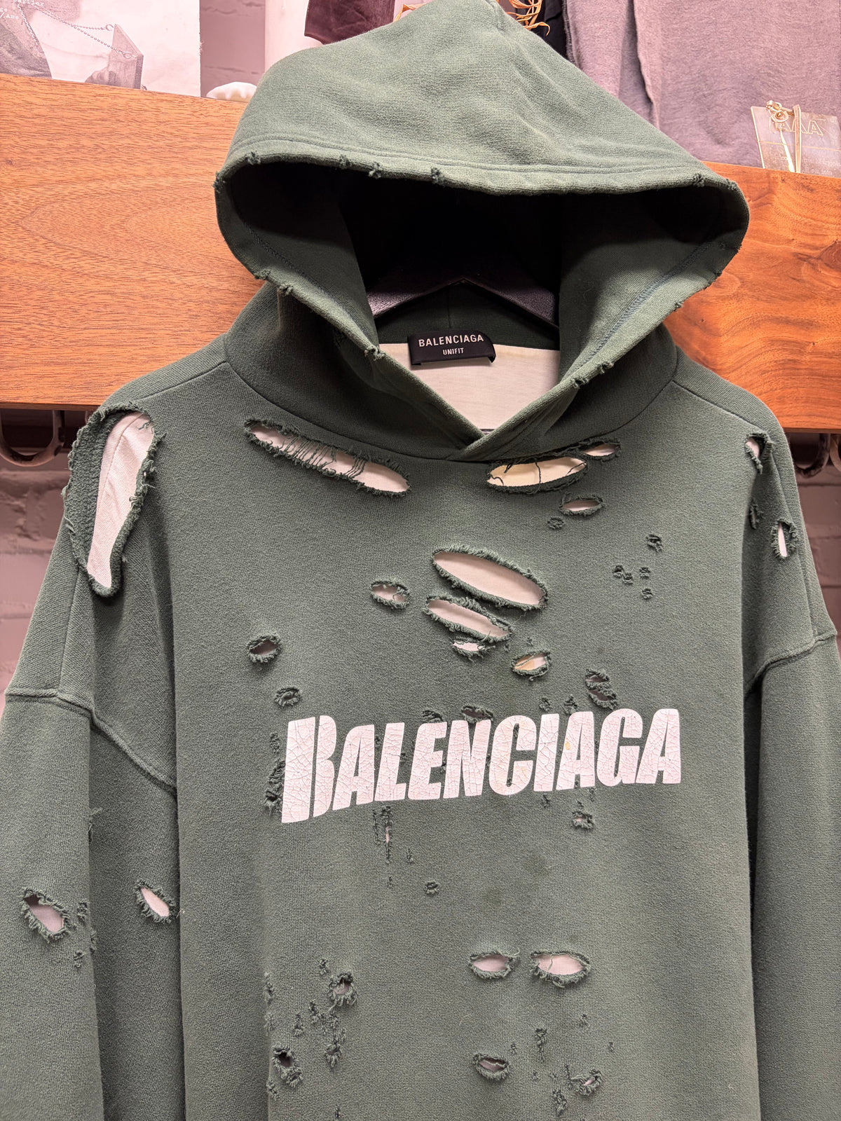 2021 Balenciaga ‘Caps’ Destroyed Green/White Logo Heavy Cotton Hoodie