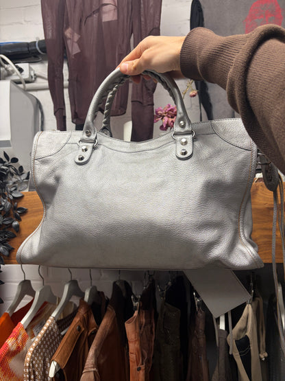 Balenciaga Metallic Silver ‘City Bag’ Classic Size with Silver Hardware