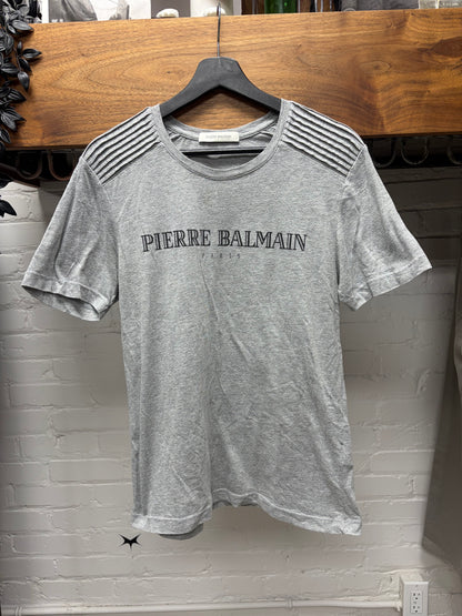 Balmain Ribbed Grey Short Sleeve Logo T-Shirt