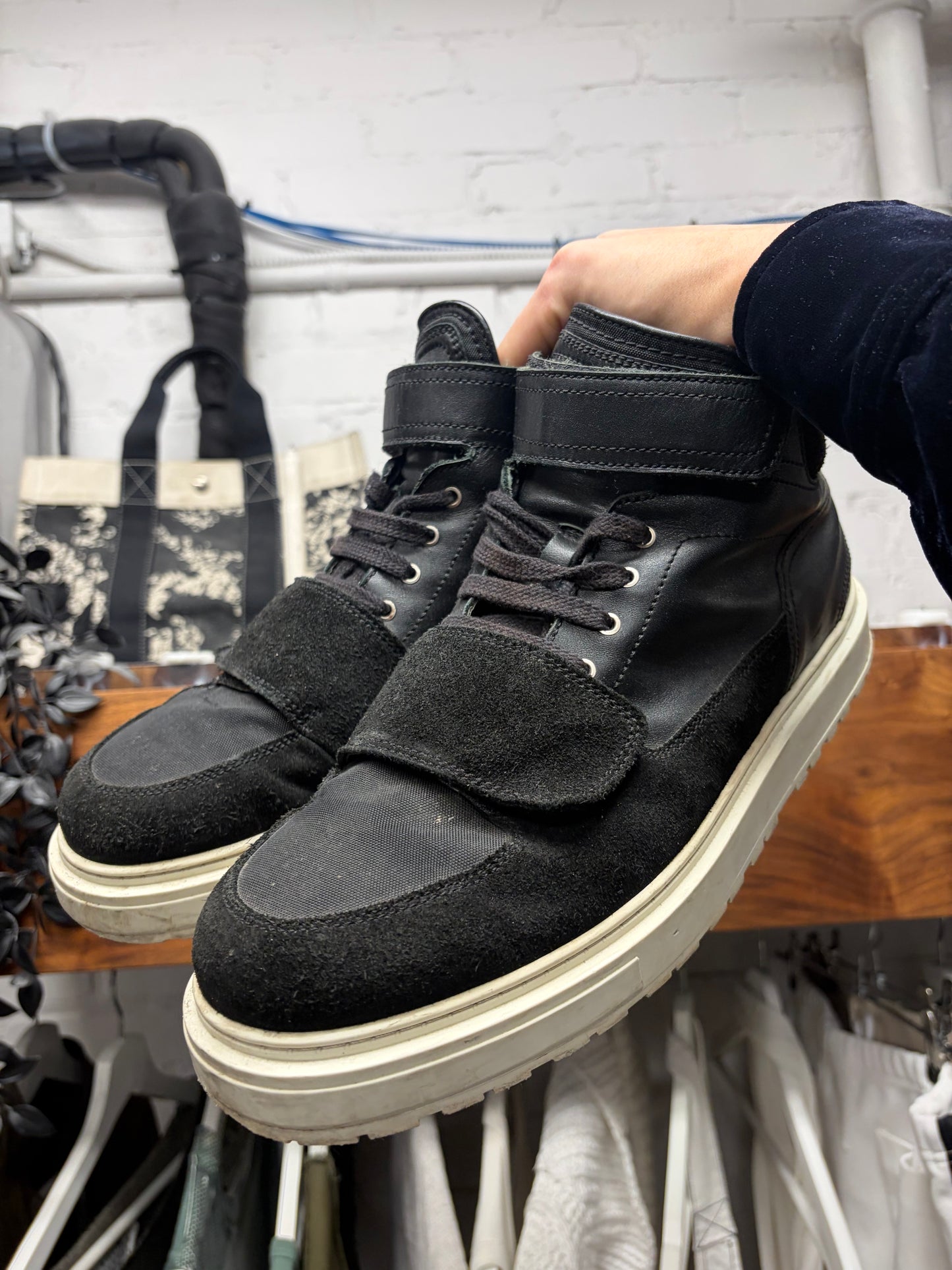 Kris Van Assche Black Suede Strapped Mid Top Sneakers