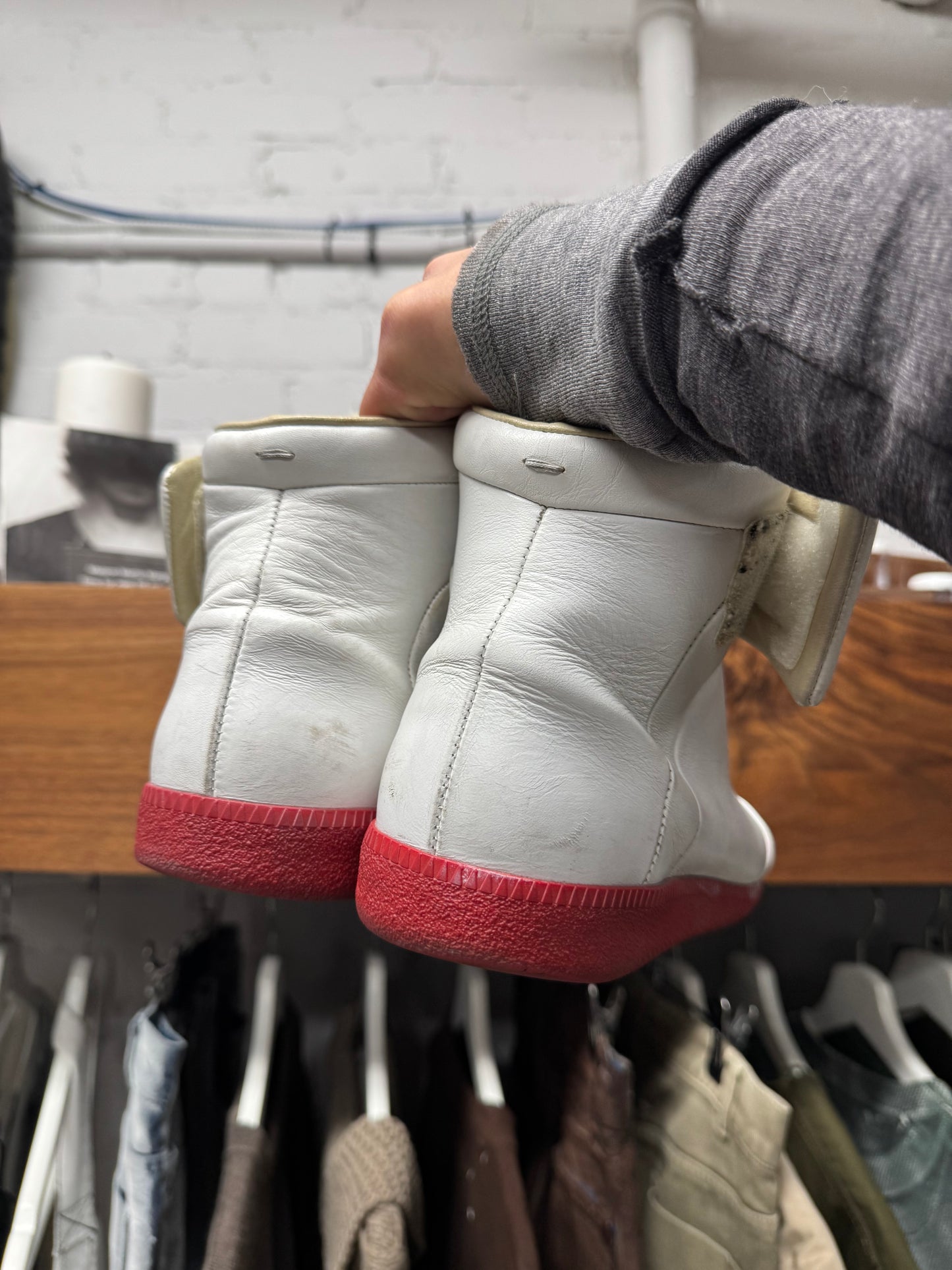 Maison Margiela ‘Future’ White Leather/Red Sole High Top Sneakers
