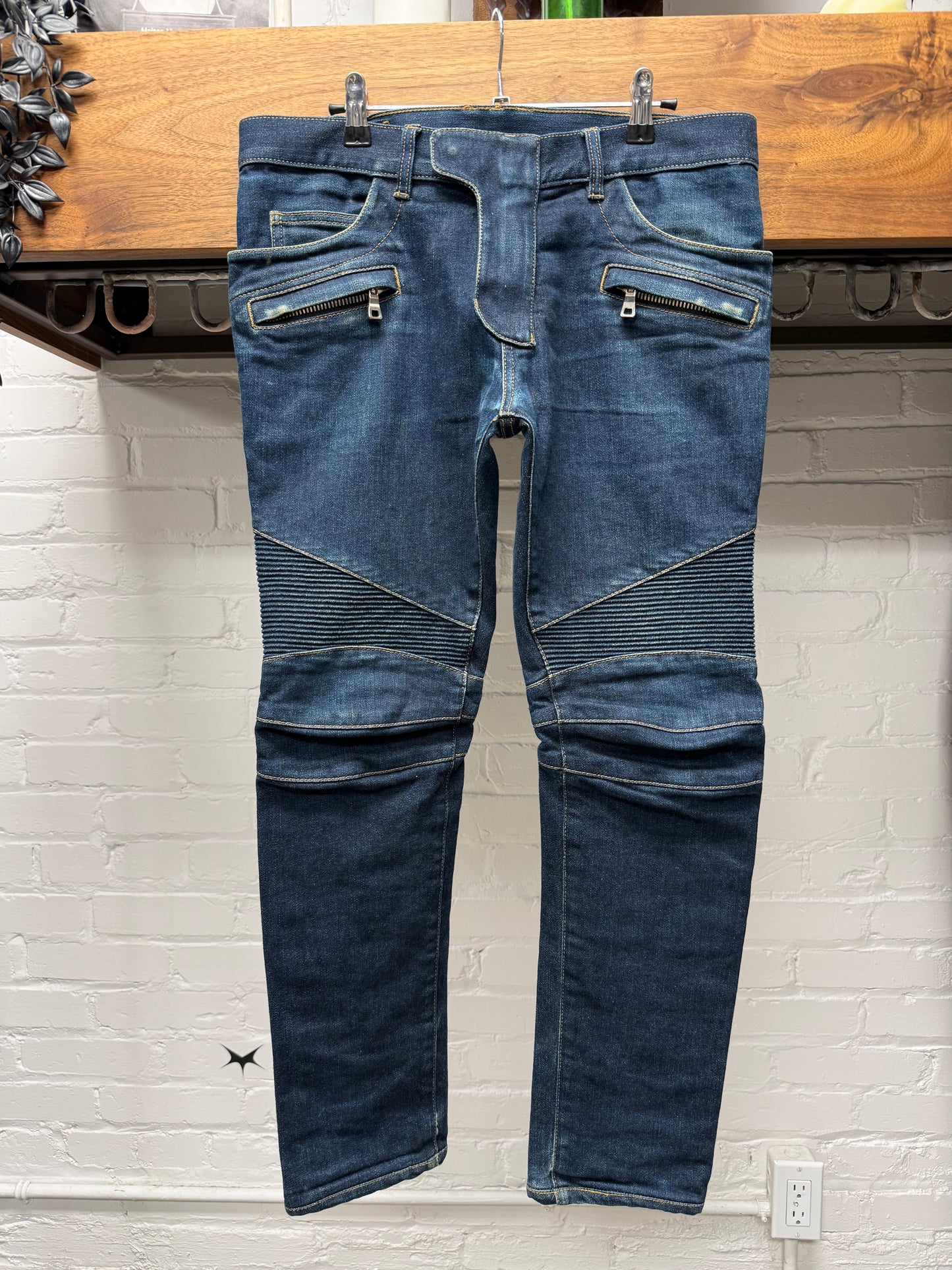 Balmain Classic Raw Wash Blue Moto-Biker Skinny Jeans