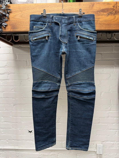 Balmain Classic Raw Wash Blue Moto-Biker Skinny Jeans