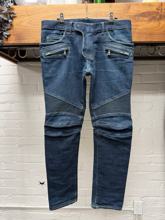 Balmain Classic Raw Wash Blue Moto-Biker Skinny Jeans